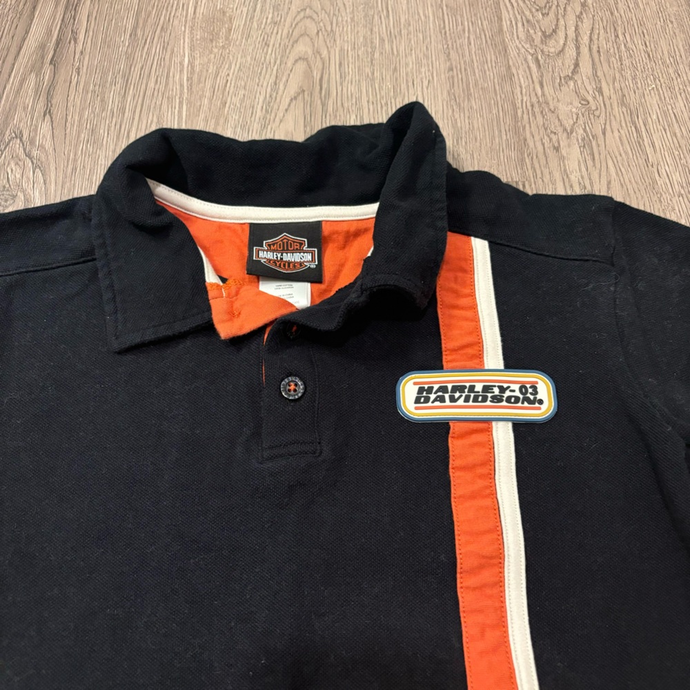 Vtg‎ Harley Davidson Polo Shirt Retro Black/Orange Stripe Logo Boys XL (12-14) - Picture 4 of 5